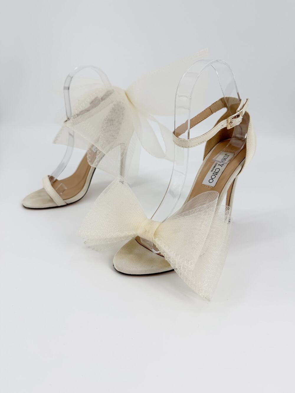 Jimmy Choo Aveline 100 Ivory Grosgrain Asymmetric Mesh Bow Sandal Heels Box 36